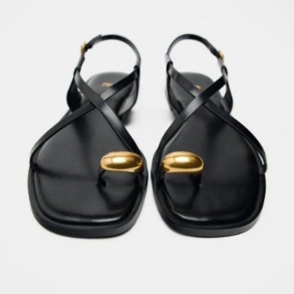 ZARA FLAT STRAPPY SANDALS WITH METAL ORNAMENT - NWT Black | size 40 (9) - Picture 3 of 6